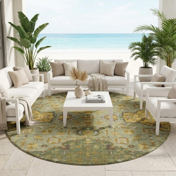 8 Foot Round Oriental Polyester Area Rug for Patio Kitchen or High Traffic Spaces