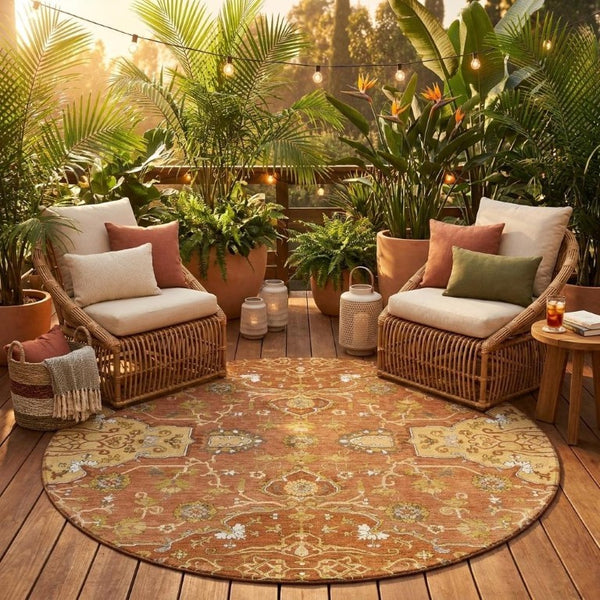 8 Foot Round Oriental Polyester Area Rug Washable Indoor Outdoor Patio Decor