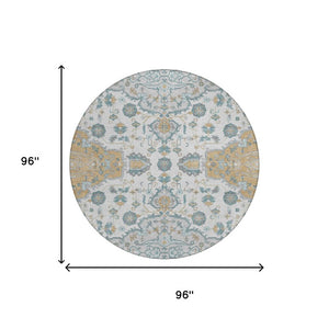 8 Foot Round Oriental Polyester Area Rug Washable Indoor Outdoor Silver Gray