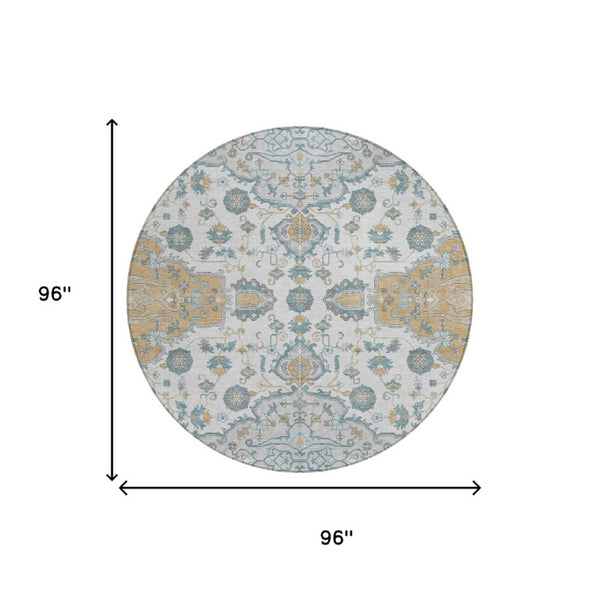 8 Foot Round Oriental Polyester Area Rug Washable Indoor Outdoor Silver Gray