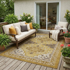 5x8 Oriental Washable Polyester Area Rug Walnut Gold Indoor Outdoor Patio
