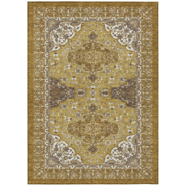HomeRoots 5x8 Oriental Washable Polyester Area Rug Walnut Gold Indoor Outdoor Patio 744706