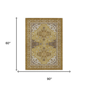 5x8 Oriental Washable Polyester Area Rug Walnut Gold Indoor Outdoor Patio