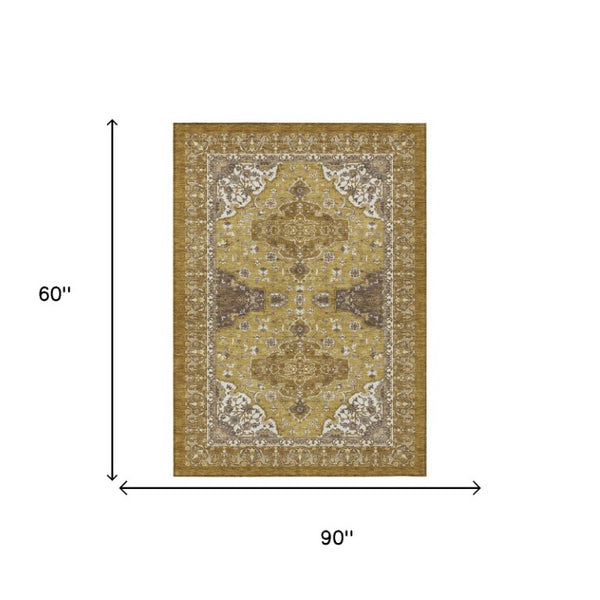 5x8 Oriental Washable Polyester Area Rug Walnut Gold Indoor Outdoor Patio
