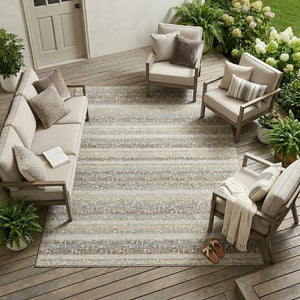 10 X 14 Beige Brown Stripe Polyester Area Rug Washable Stain Resistant Patio