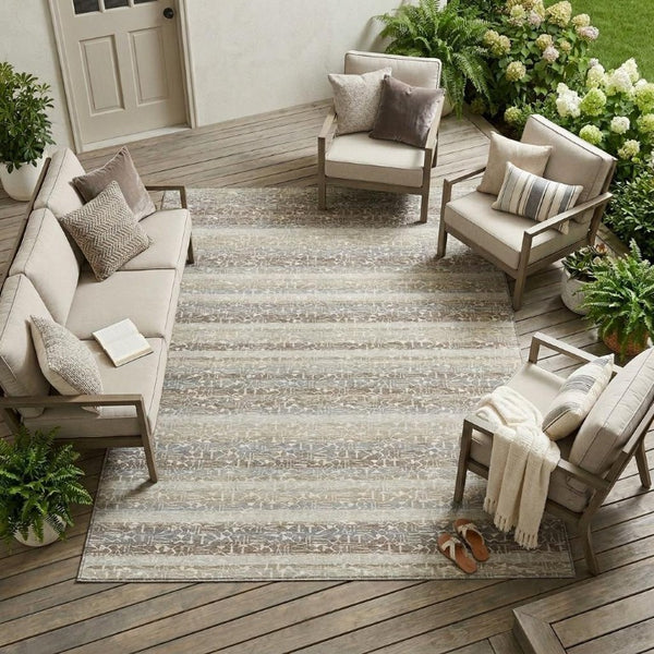 10 X 14 Beige Brown Stripe Polyester Area Rug Washable Stain Resistant Patio