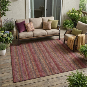 5 X 8 Burgundy Striped Washable Polyester Rug for Indoor Outdoor Spaces