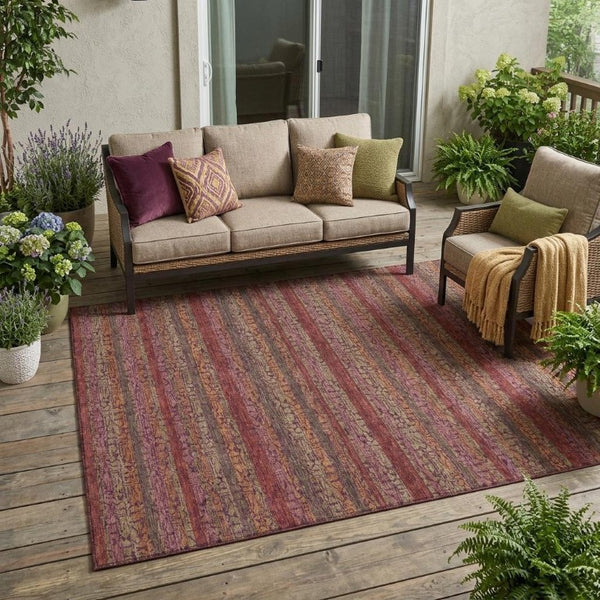 5 X 8 Burgundy Striped Washable Polyester Rug for Indoor Outdoor Spaces