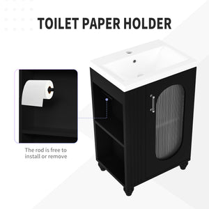 English Elm 20" Bathroom Vanity with Sink Compact Modern Freestanding MDF & Ceramic Undermount Sink Cabinet with Door and Two-Tier Shelf, Toilet Paper Holder, Adjustable Shelf, Sleek Rectangular Design Black N725P246925B