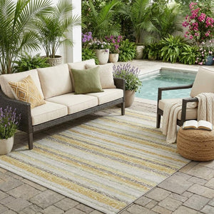 5 X 8 Ivory Striped Polyester Area Rug Washable Stain Resistant for Patio or Living Room