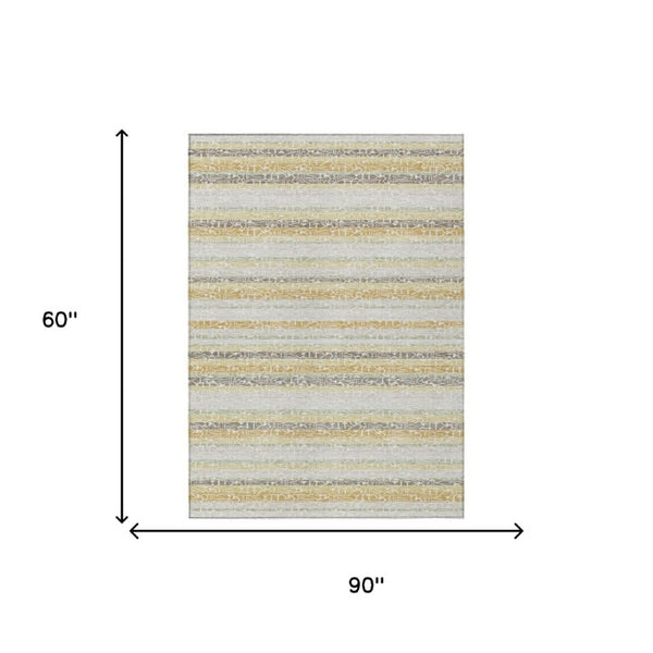 5 X 8 Ivory Striped Polyester Area Rug Washable Stain Resistant for Patio or Living Room
