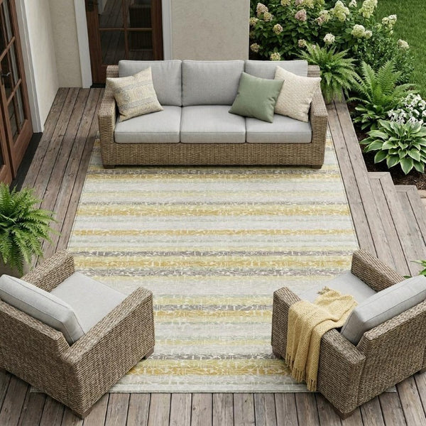 9 X 12 Ivory Striped Polyester Area Rug Washable Stain Resistant Indoor Outdoor