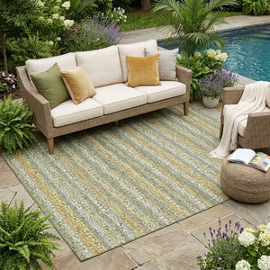 5x8 Sage Green Striped Polyester Area Rug Washable Stain Resistant Indoor Outdoor