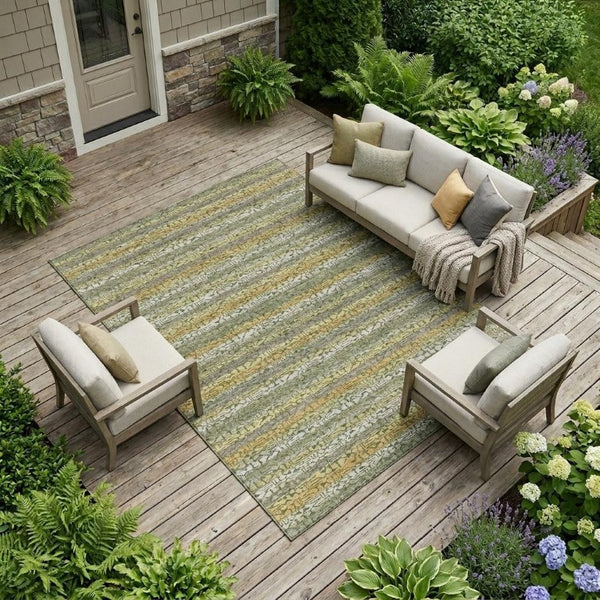 8x10 Sage Green Stripe Polyester Area Rug Washable Stain Resistant Indoor Outdoor Patio