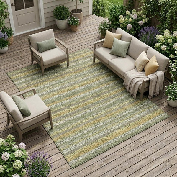 9 X 12 Sage Striped Polyester Area Rug Washable Stain Resistant Indoor Outdoor Use