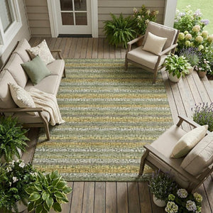 10 X 14 Sage Striped Washable Polyester Area Rug for Patio Porch or Living Room