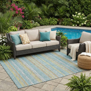 5 X 8 Teal Silver Stripe Washable Polyester Area Rug for Patio Porch or Living Room