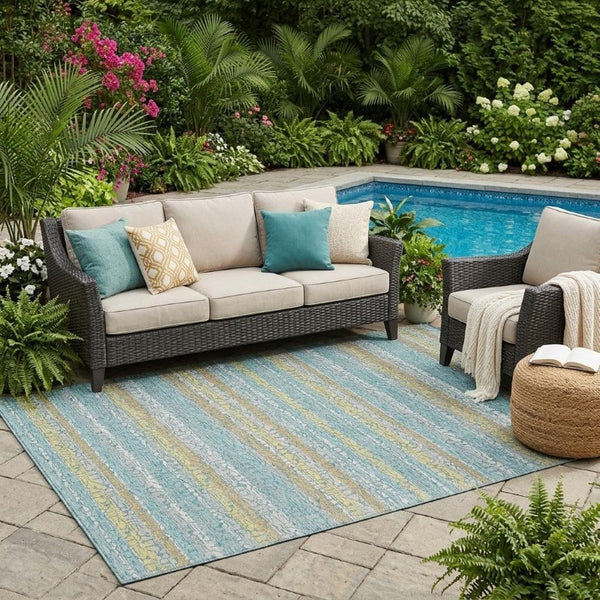 5 X 8 Teal Silver Stripe Washable Polyester Area Rug for Patio Porch or Living Room
