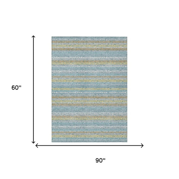 5 X 8 Teal Silver Stripe Washable Polyester Area Rug for Patio Porch or Living Room