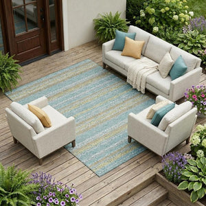 8 X 10 Teal Silver Stripe Polyester Area Rug Washable Stain Resistant Indoor Outdoor