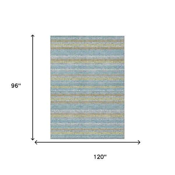 8 X 10 Teal Silver Stripe Polyester Area Rug Washable Stain Resistant Indoor Outdoor