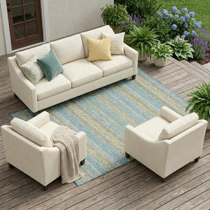 10 X 14 Teal Silver Stripe Washable Polyester Rug for Indoor Outdoor Living