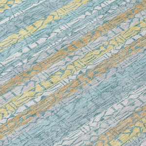 10 X 14 Teal Silver Stripe Washable Polyester Rug for Indoor Outdoor Living