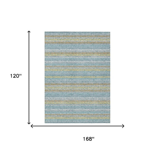 10 X 14 Teal Silver Stripe Washable Polyester Rug for Indoor Outdoor Living
