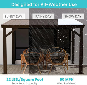 English Elm 8' 8 Ft Hardtop Lean to Pergola with Galvanized Steel Roof and Drainage for Patio Deck Brown W1859S00192