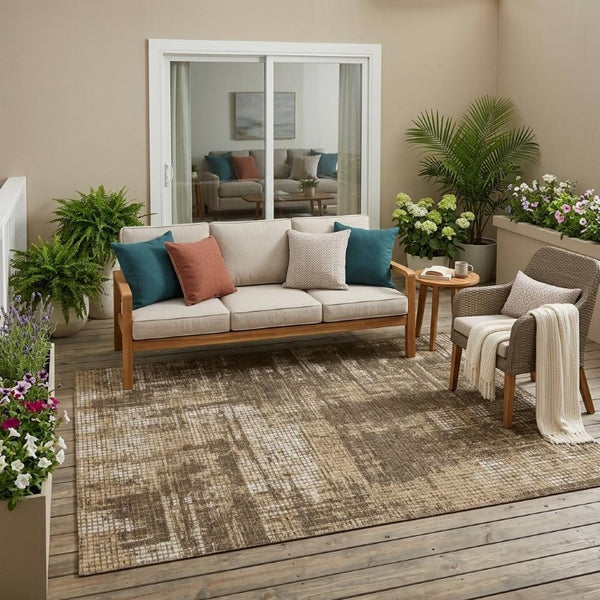 5 X 8 Abstract Brown Beige Polyester Area Rug Washable for Indoor Outdoor Use