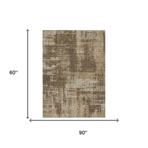 5 X 8 Abstract Brown Beige Polyester Area Rug Washable for Indoor Outdoor Use
