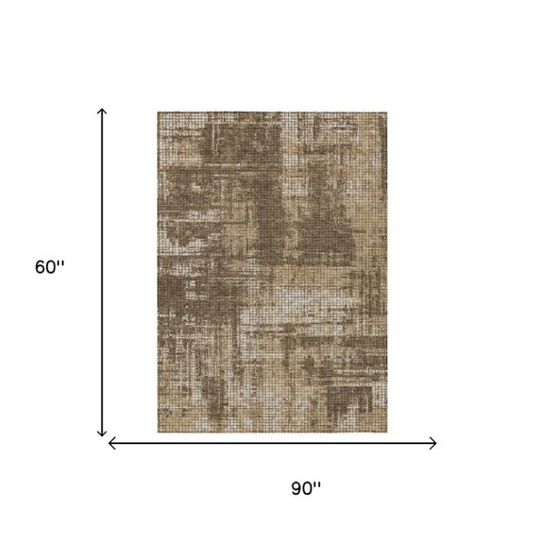 5 X 8 Abstract Brown Beige Polyester Area Rug Washable for Indoor Outdoor Use