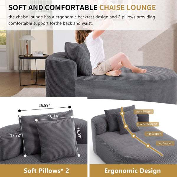English Elm 67.5''chaise Lounge Oversized Corduroy Sleeper Sofa with Deep Seat and Two Pillows Dark Grey W1803P409165