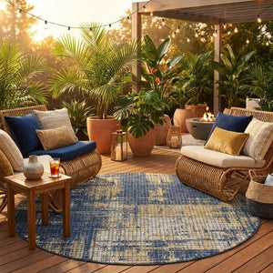 8 Ft Round Abstract Navy Polyester Area Rug Washable for Patio Porch or Family Room