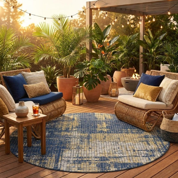 8 Ft Round Abstract Navy Polyester Area Rug Washable for Patio Porch or Family Room