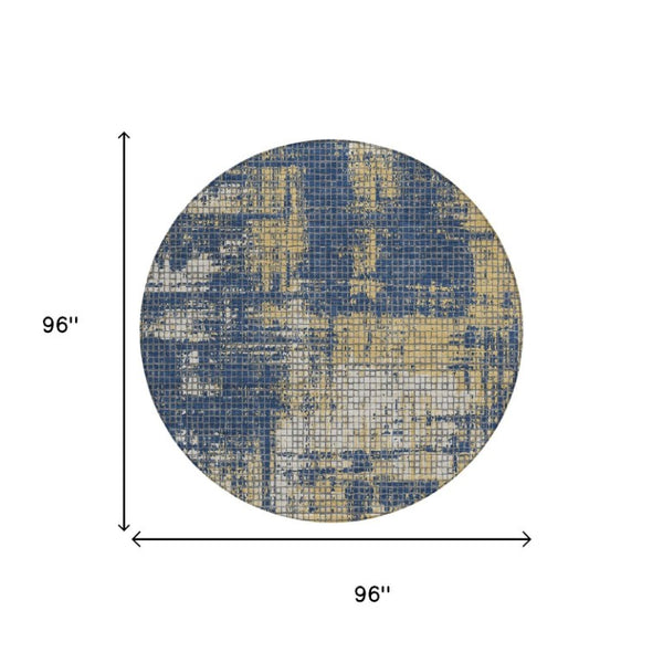 8 Ft Round Abstract Navy Polyester Area Rug Washable for Patio Porch or Family Room