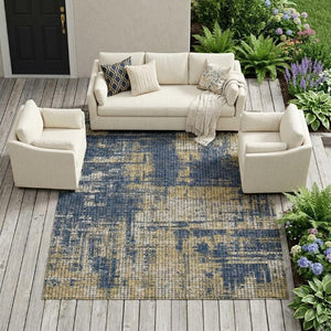 9 X 12 Abstract Navy Washable Polyester Rug for Indoor Outdoor Patios and Living Rooms