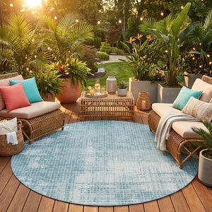 8 Ft Round Abstract Polyester Area Rug Teal Silver Washable for Patio or Kitchen