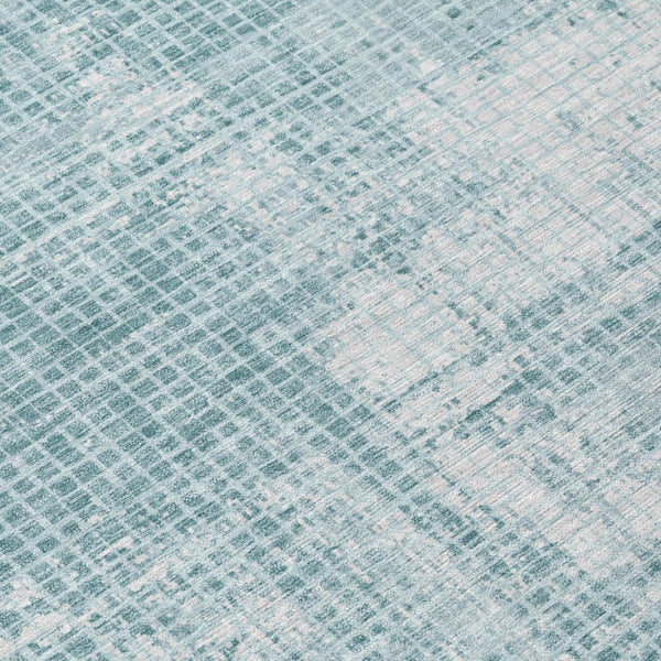 8 Ft Round Abstract Polyester Area Rug Teal Silver Washable for Patio or Kitchen