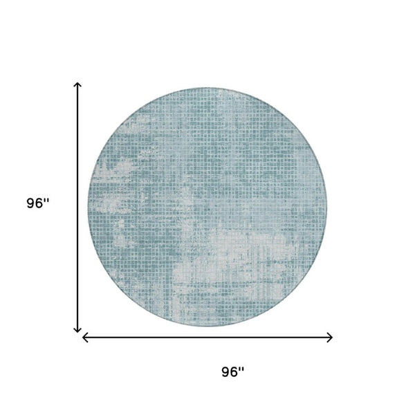 8 Ft Round Abstract Polyester Area Rug Teal Silver Washable for Patio or Kitchen