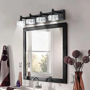 English Elm Modern 4-Light Matte Black LED Vanity Light with Crystal Shades, Dimmable 6000K 1300LM Bathroom W2312P374902