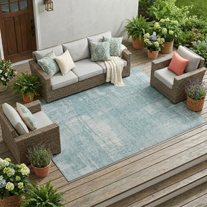 10 X 14 Abstract Polyester Area Rug Washable Teal Silver Indoor Outdoor Patio