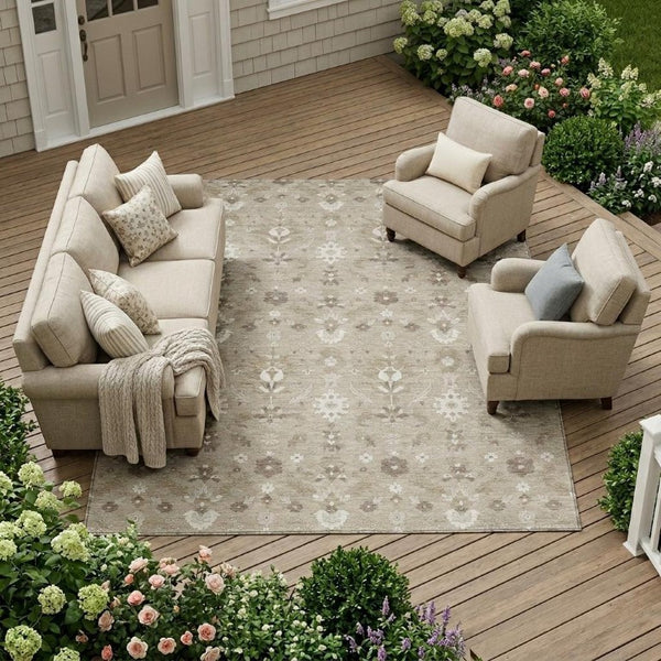 8x10 Beige Brown Oriental Polyester Area Rug Stain Resistant Indoor Outdoor Use