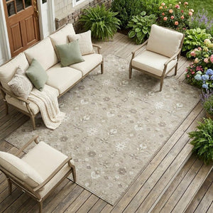 10 X 14 Oriental Beige Brown Polyester Area Rug Washable Stain Resistant Indoor Outdoor
