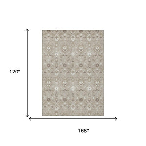 10 X 14 Oriental Beige Brown Polyester Area Rug Washable Stain Resistant Indoor Outdoor