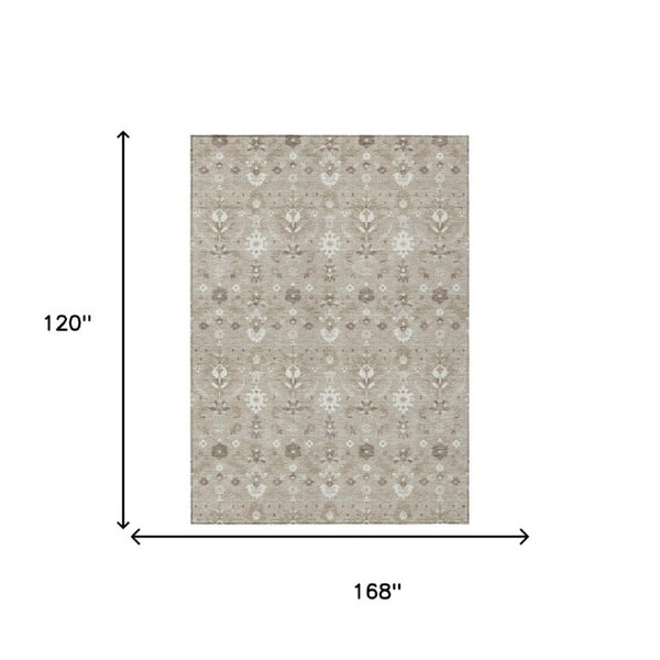 10 X 14 Oriental Beige Brown Polyester Area Rug Washable Stain Resistant Indoor Outdoor