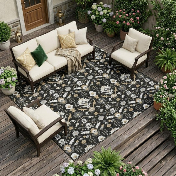 8x10 Oriental Polyester Area Rug Stain Resistant Indoor Outdoor Black Graphite