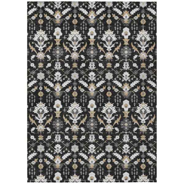 HomeRoots 8x10 Oriental Polyester Area Rug Stain Resistant Indoor Outdoor Black Graphite 744848