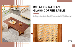 English Elm Chinese Walnut Imitation Rattan Coffee Table Rectangular Rubberwood Low Tea Table — Compact Chic, Easy Assembly, Durable Style W1512P380701