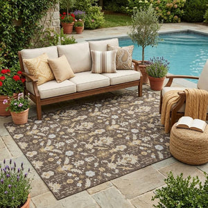 5x8 Oriental Polyester Area Rug Stain Resistant Indoor Outdoor Chocolate Brown